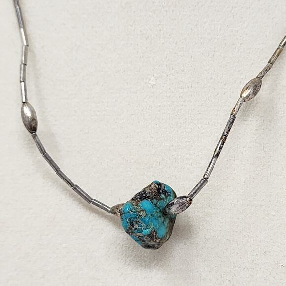Sterling Silver Antique Vintage Genuine Raw Turquoise Necklace - Picture 1 of 6